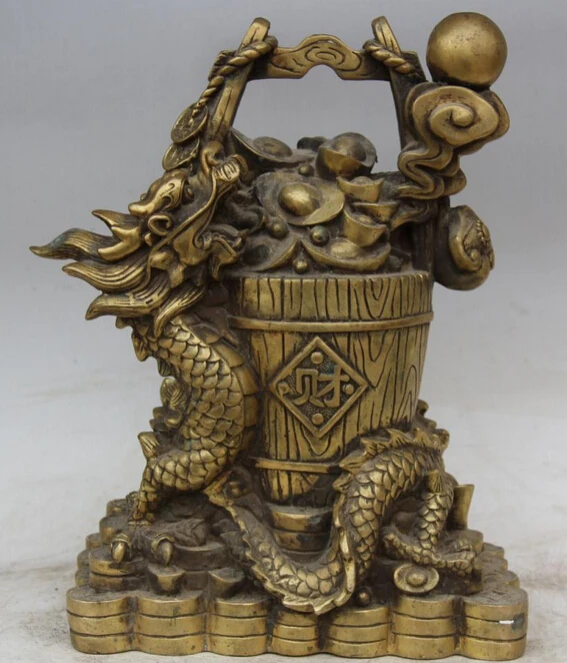 JP S62 12" Chinese Brass Ru Yi Zodiac Year Dragon Play Ball treasure bowl Bucket Statue