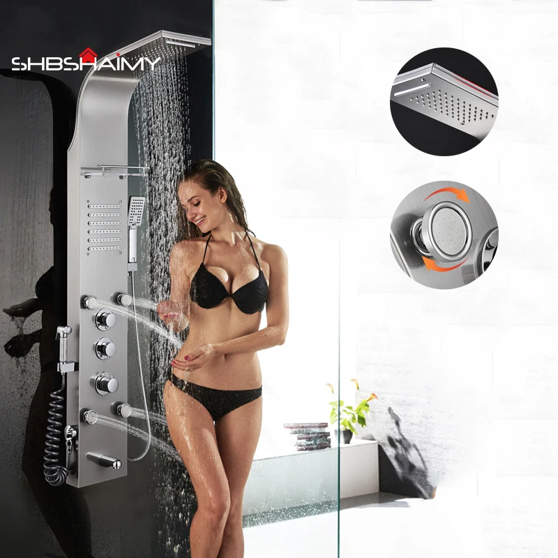 

Thermostatic Rain Waterfall Shower Panel Faucet Body Massage Jets Shower Faucet Brass Tub Spout Shower Column Tower