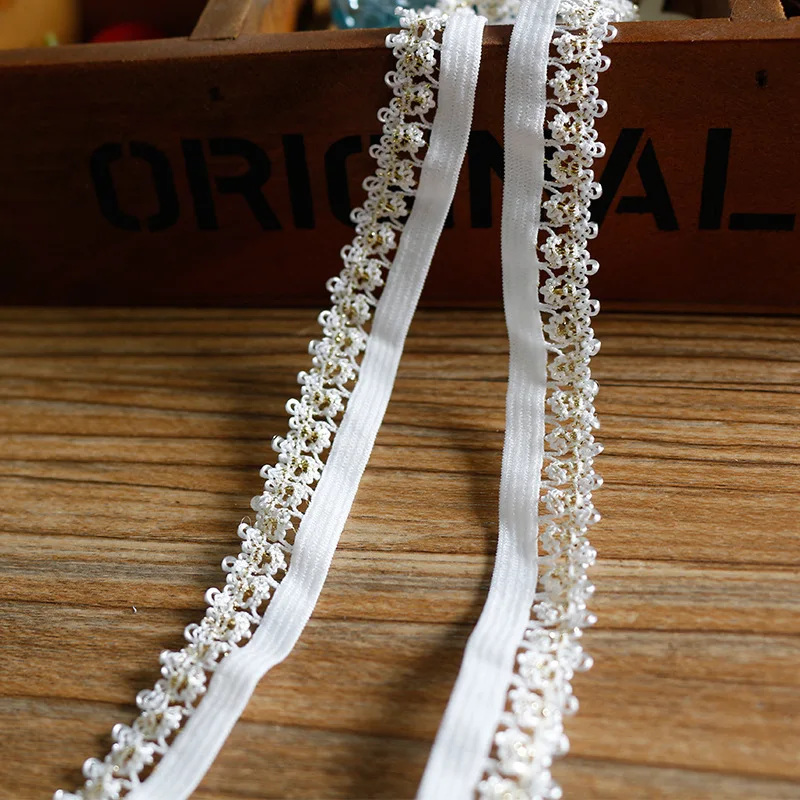 12mm 15mm Wide lace webbing White with gold Elastic bands for Ladies Panties underwear b'ra 140yards/lot 
12mm 15mm Wide lace webbing White with gold Elastic bands for Ladies Panties underwear b'ra 140yards/lot