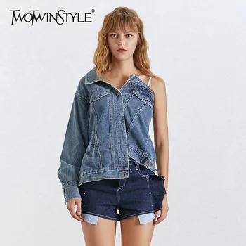 TWOTWINSTYLE One Shoulder Denim Jacket For Women Lapel Collar Long Sleeve Asymmetrical Side Split Coat Female 2020 Fashion
TWOTWINSTYLE One Shoulder Denim Jacket For Women Lapel Collar Long Sleeve Asymmetrical Side Split Coat Female 2020 Fashion