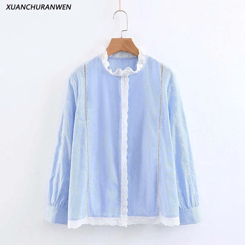 Casual Loose Embroidered Cotton Blouse Women Long Sleeve Lace Stitch Pullover Shirts Stand Collar Striped Tops XB9211
Casual Loose Embroidered Cotton Blouse Women Long Sleeve Lace Stitch Pullover Shirts Stand Collar Striped Tops XB9211