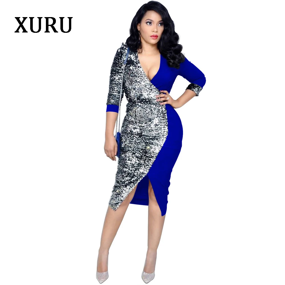 XURU 2019 spring new sequin dress stitching deep V-neck women's dress straps split dress woman Red Black Blue
XURU 2019 spring new sequin dress stitching deep V-neck women's dress straps split dress woman Red Black Blue