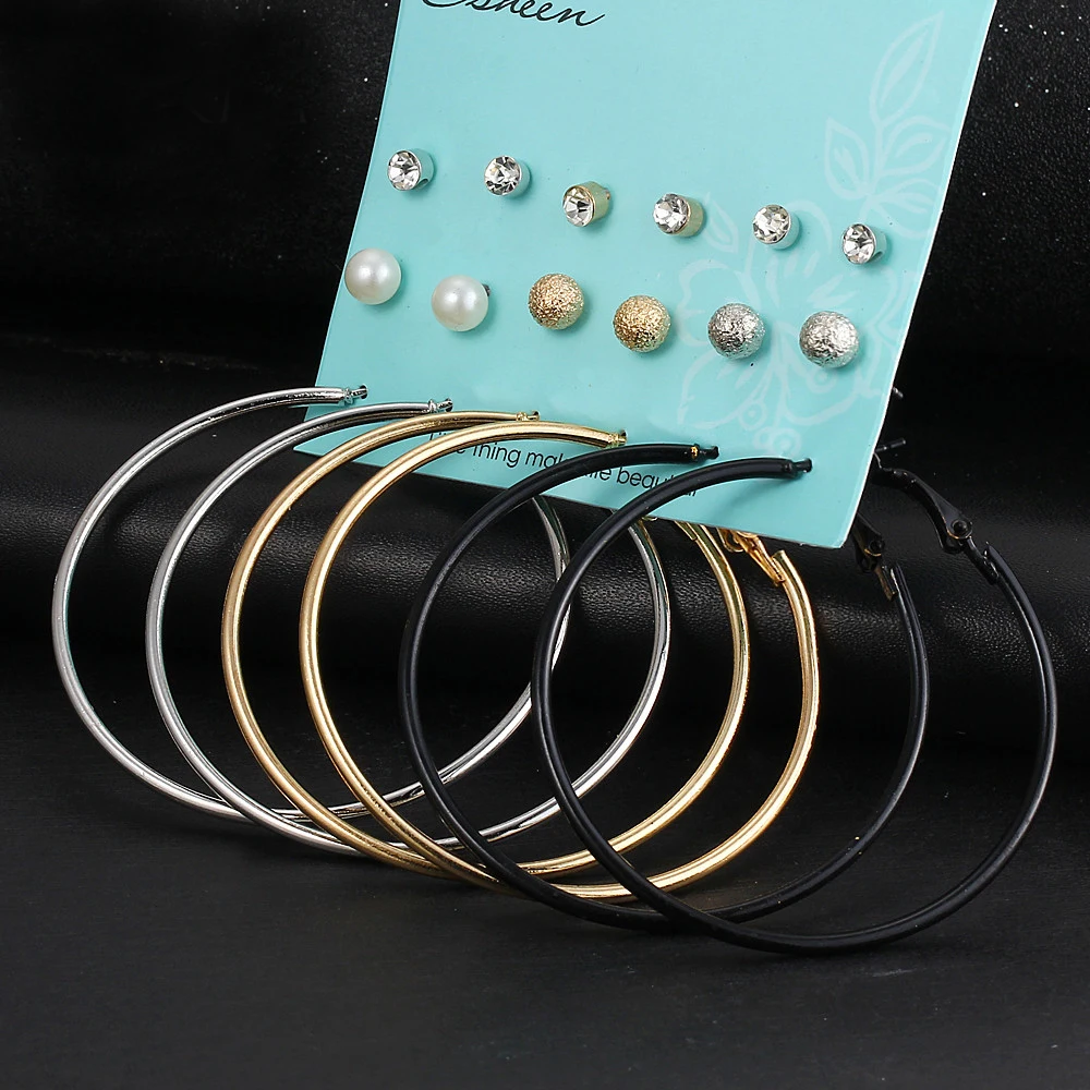 9 pair/set Simulated Pearl Crystal Stud Earrings Black Hoop Silver Color Alloy Round Ball Earring Set Femme Brincos Women Gift
9 pair/set Simulated Pearl Crystal Stud Earrings Black Hoop Silver Color Alloy Round Ball Earring Set Femme Brincos Women Gift