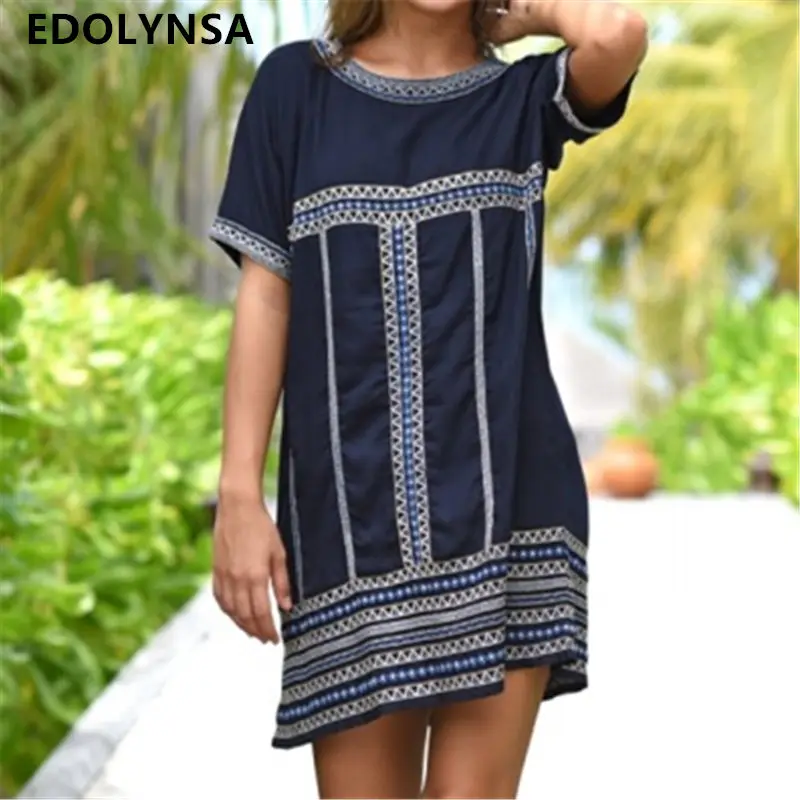 2019 Dark Blue Embroidered Summer Beach Dress Cotton Tunic Women Sexy Beachwear Short Sleeve O-Neck Mini Dress Sarong plage N782
2019 Dark Blue Embroidered Summer Beach Dress Cotton Tunic Women Sexy Beachwear Short Sleeve O-Neck Mini Dress Sarong plage N782