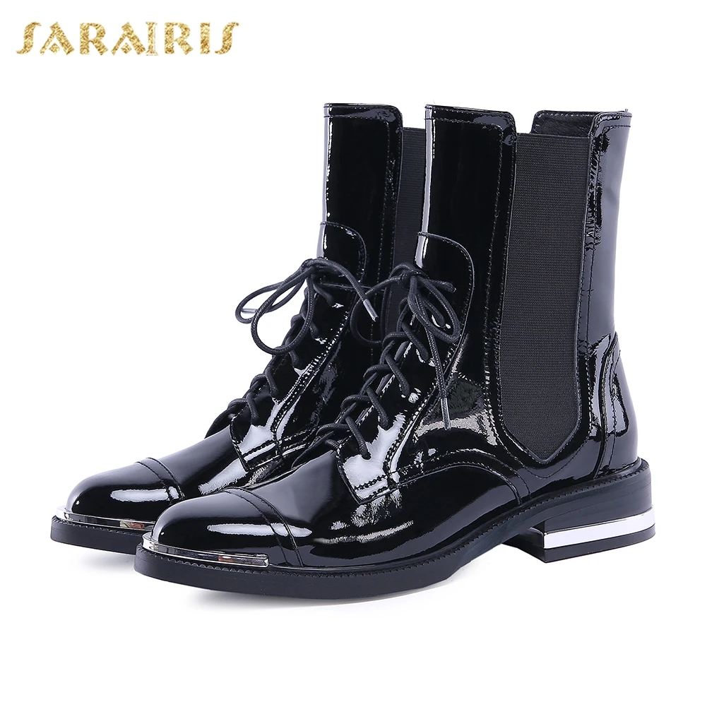 SARAIRIS 2018 Genuine Leather Large Size 34-42 Cow Leather Shoes Woman Boots Slip On Square Heels Ankle Boots Woman Shoes