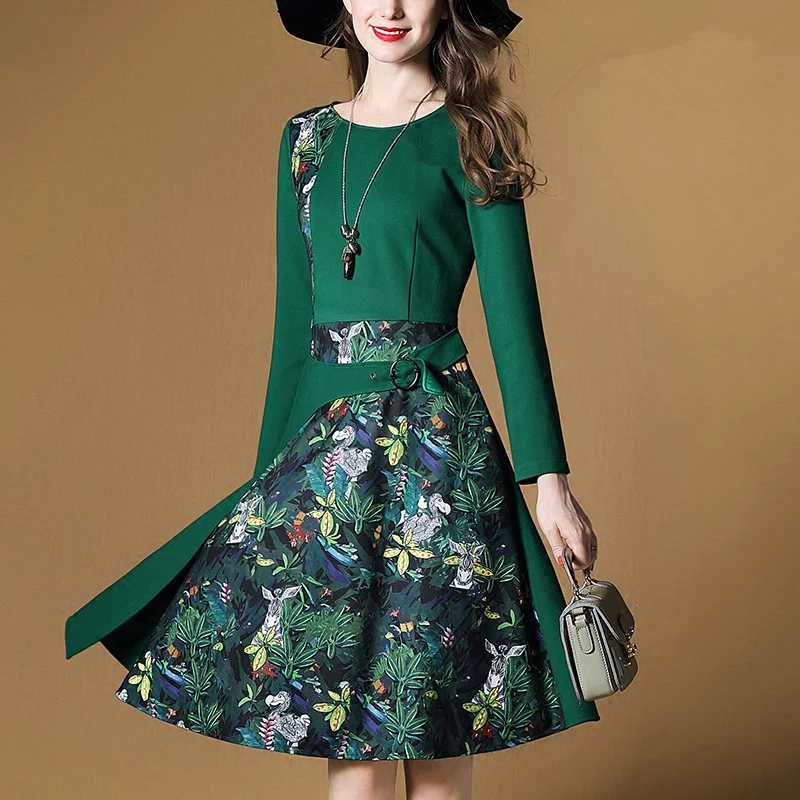 Spring and autumn new women fashion printing long - sleeved pocket A - shaped fashion Slim stitching dress
Spring and autumn new women fashion printing long - sleeved pocket A - shaped fashion Slim stitching dress