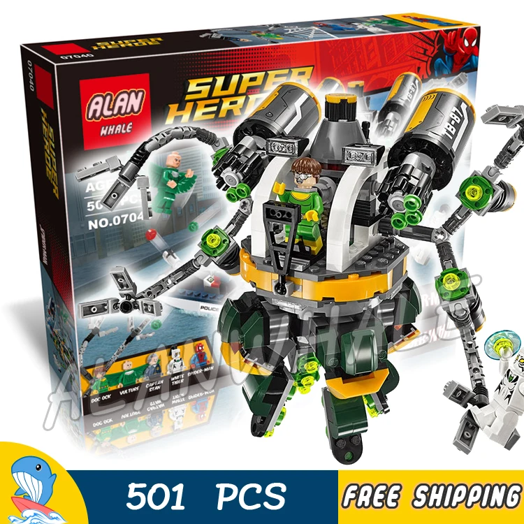 

501pcs Super Heroes Spider-Man Doc Ock's Tentacle Trap Octo-Bot Boat 07040 Figure Building Blocks Toy Compatible With Lego