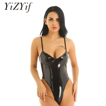 Women Shine Bodysuit One-piece Wetlook Patent Leather Lingerie Adjustable Spaghetti Straps Front Plunging High Cut Thong Leotard
Women Shine Bodysuit One-piece Wetlook Patent Leather Lingerie Adjustable Spaghetti Straps Front Plunging High Cut Thong Leotard