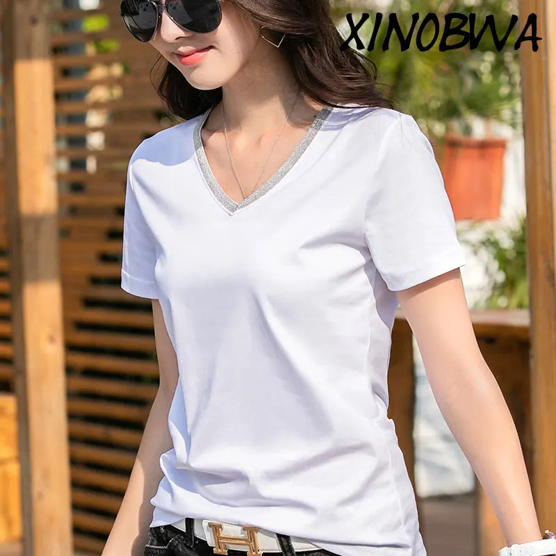 Europe New Women Summer High Street Fashion Short Sleeve Sequins Cotton White T Shirt Tops Female Sexy V Neck Loose Shirts Tees
Europe New Women Summer High Street Fashion Short Sleeve Sequins Cotton White T Shirt Tops Female Sexy V Neck Loose Shirts Tees
