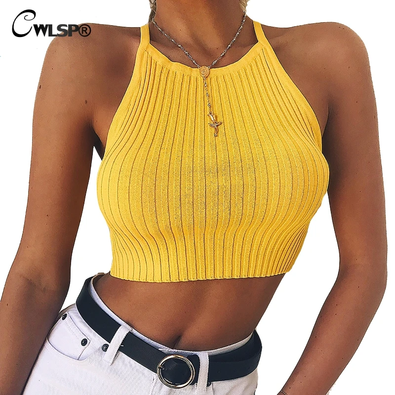 CWLSP 2 Colors Solid Ribbed Backless Halter Summer Strap tanks Crop Tops for Women Yellow Black Tube Top cropped feminino QL3718
CWLSP 2 Colors Solid Ribbed Backless Halter Summer Strap tanks Crop Tops for Women Yellow Black Tube Top cropped feminino QL3718