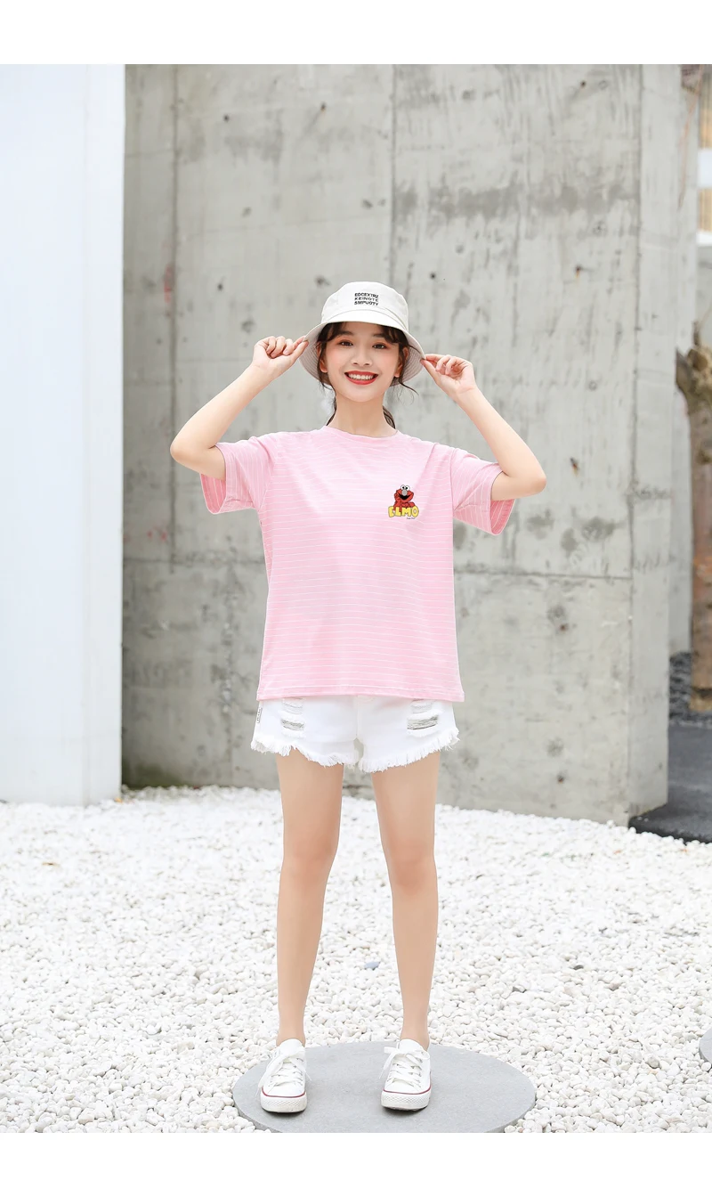 Sesame Street Elmo T Shirt Women Casual Harajuku Kawaii Cartoon Print Tshirt Loose Streetwear Tumblr Ulzzang Cotton Striped Tops (11)