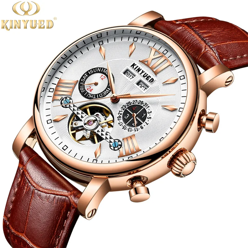 KINYUED Fashion Sport Automatic Mechanical Watches Hollow Tourbillion Design Big Dial Rose gold Calendar Mens Clock Luxury Gift
KINYUED Fashion Sport Automatic Mechanical Watches Hollow Tourbillion Design Big Dial Rose gold Calendar Mens Clock Luxury Gift