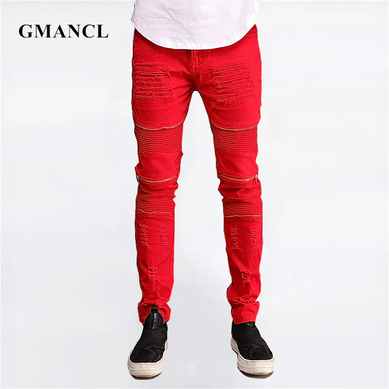 Fashion New Slim Skinny Men red white black Jeans Hip hop Destroyed Ripped Knee zipper Cotton Distressed Biker Joggers pants
Fashion New Slim Skinny Men red white black Jeans Hip hop Destroyed Ripped Knee zipper Cotton Distressed Biker Joggers pants