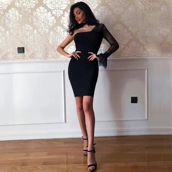 One-Shoulder Lace Bandage Dress Fashion Evening Party Sexy Women Mini Black Bodycon Dresses
One-Shoulder Lace Bandage Dress Fashion Evening Party Sexy Women Mini Black Bodycon Dresses