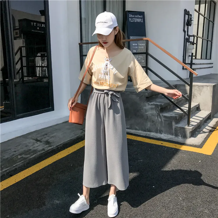 Plus Size - Casual Elastic Waist Loose Wide Leg Pants Preppy Style Trousers Female Palazzo Pants (Us 18W-20W)