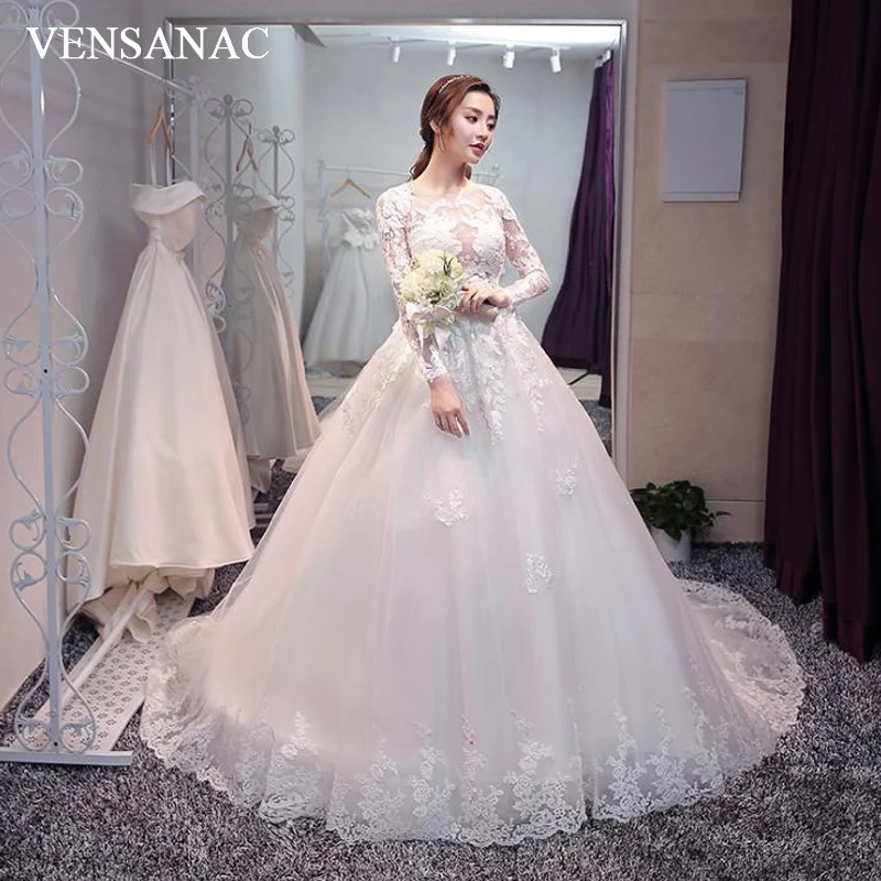 VENSANAC 2018 O Neck Illusion Long Sleeve Ball Gown Lace Appliques Wedding Dresses Court Train Backless Bridal Dress
VENSANAC 2018 O Neck Illusion Long Sleeve Ball Gown Lace Appliques Wedding Dresses Court Train Backless Bridal Dress