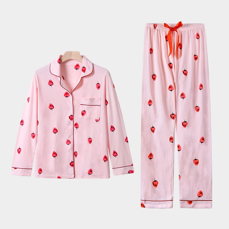 Women Spring Autumn Pajamas Set 2pcs Long Sleeves Button-Down Strawberry Print Pink 100% Cotton Pajamas Suit Sleepwear Homewear
Women Spring Autumn Pajamas Set 2pcs Long Sleeves Button-Down Strawberry Print Pink 100% Cotton Pajamas Suit Sleepwear Homewear