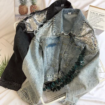 Women Denim Jackets New Spring Autumn Fashion Loose Single Breasted Short Denim Coats Hole Sequins Long Sleeve Jean Outwear
Women Denim Jackets New Spring Autumn Fashion Loose Single Breasted Short Denim Coats Hole Sequins Long Sleeve Jean Outwear