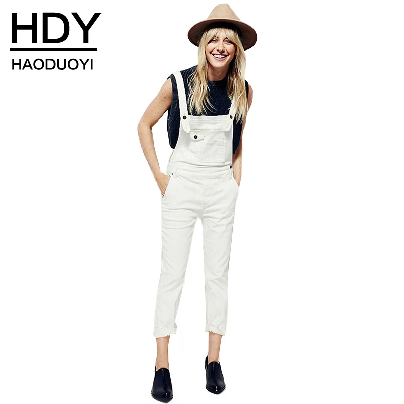 

HDY Haoduoyi Solid White Pocket Cross Back Jumpsuits Brief Casual Loose Preppy Style Pants Soft Slim High Waist Jumpsuits