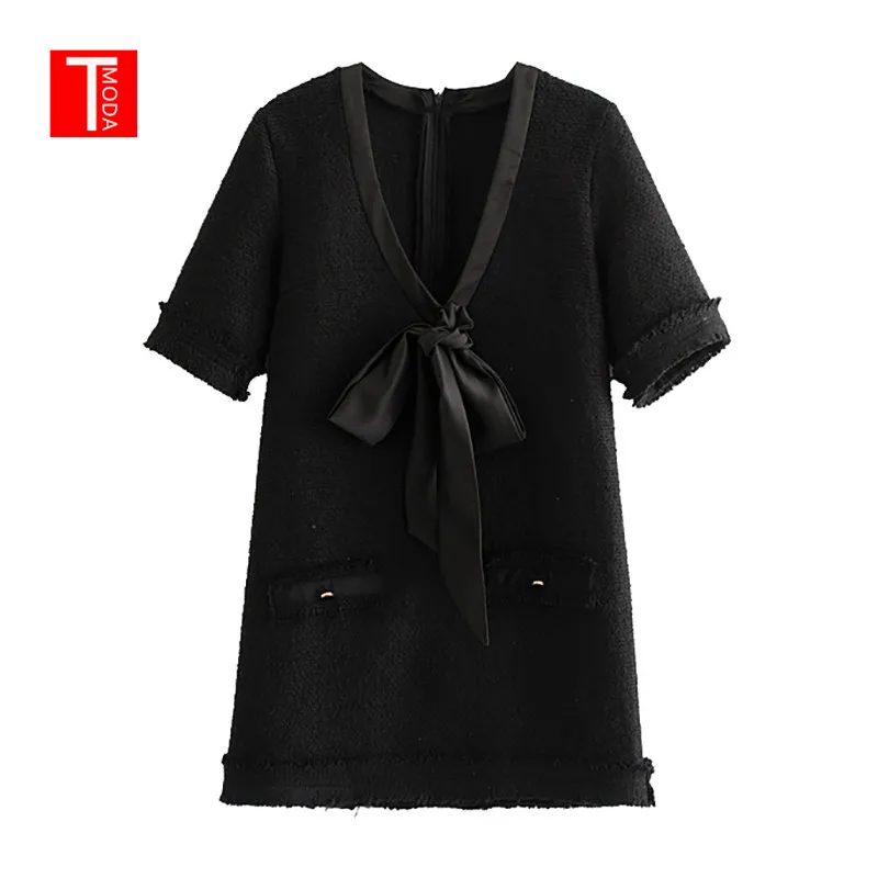 2019 Spring Sweet Tweed V Neck Black Dress Bow Tie Collar Pocket Decorate Short Sleeve Chic Cute Dresses Vestidos
2019 Spring Sweet Tweed V Neck Black Dress Bow Tie Collar Pocket Decorate Short Sleeve Chic Cute Dresses Vestidos