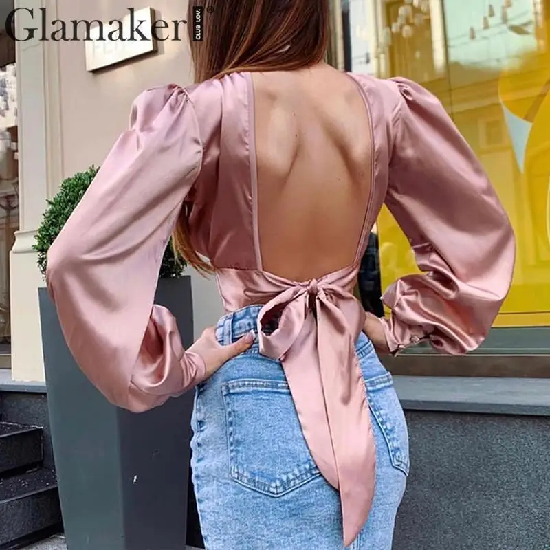 Glamaker Satin backless sexy lantern sleeve blouse shirt Women turtleneck elegant short shirt top Female fashion bow autumn tops
Glamaker Satin backless sexy lantern sleeve blouse shirt Women turtleneck elegant short shirt top Female fashion bow autumn tops
