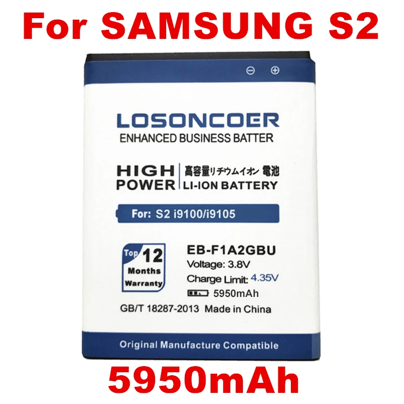 LOSONCOER 5950mAh EB-F1A2GBU Use for SAMSUNG Galaxy S2 Battery i9100g i9103 i9105 i9108 i9050 i9188 S II i9100 Battery 9100
LOSONCOER 5950mAh EB-F1A2GBU Use for SAMSUNG Galaxy S2 Battery i9100g i9103 i9105 i9108 i9050 i9188 S II i9100 Battery 9100