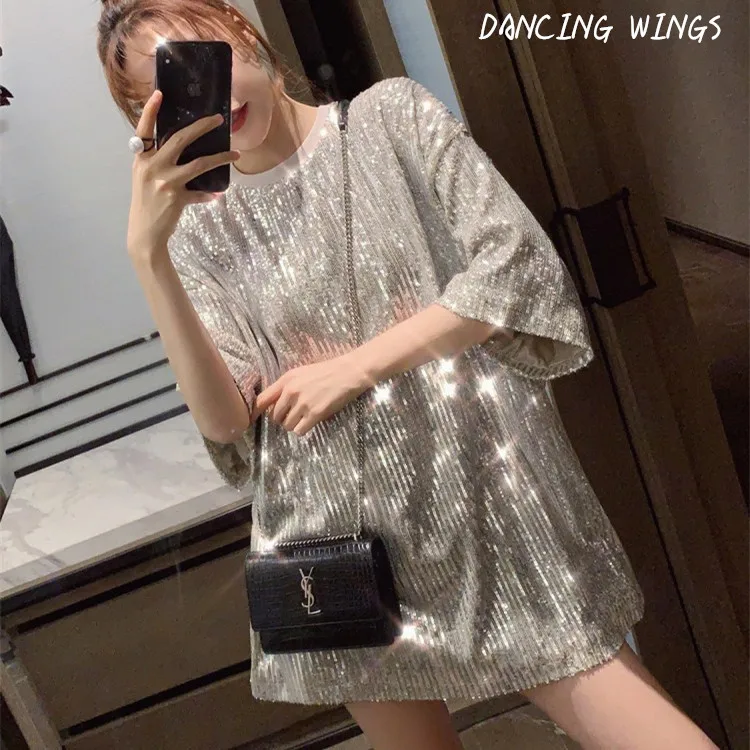 DANCING WINGS Woman Silver Black Sequins Loose Oversized Long T-shirt Short Sleeve Top
DANCING WINGS Woman Silver Black Sequins Loose Oversized Long T-shirt Short Sleeve Top