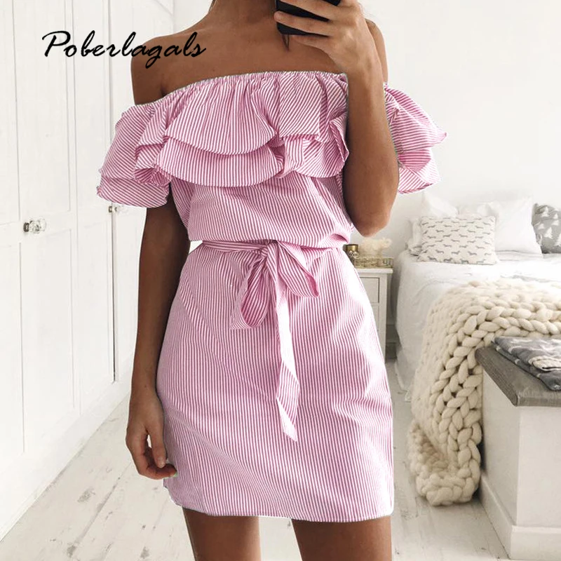 Summer dress Women Beach ruffles stripes casual belt Dress off shoulder Dresse Party Vestidos clothing female Sundress
Summer dress Women Beach ruffles stripes casual belt Dress off shoulder Dresse Party Vestidos clothing female Sundress