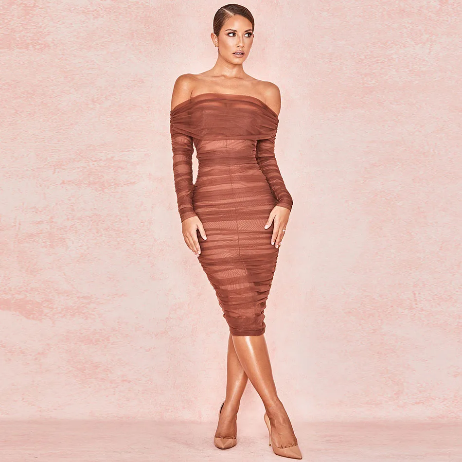 Slash Neck Long Sleeve Mesh Ruched Middle Bodycon Dress Women Sexy Brown Wrinkle Sheath Clubwear Party Dresses
Slash Neck Long Sleeve Mesh Ruched Middle Bodycon Dress Women Sexy Brown Wrinkle Sheath Clubwear Party Dresses