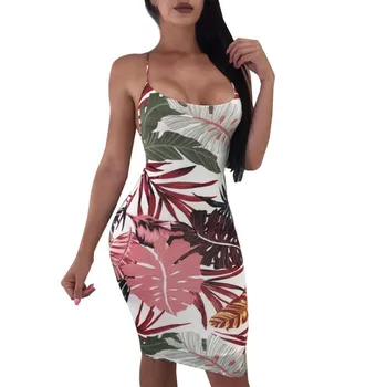 Womens Dress Sexy O-Neck Print Camisole Sheath Bodycon Floral Dress Blackless Club Dress Summer Fashion 
Womens Dress Sexy O-Neck Print Camisole Sheath Bodycon Floral Dress Blackless Club Dress Summer Fashion