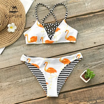 

CUPSHE Orange Flamingo Bikini Sets Women Reversible Bottom Lace Up Thong Two Pieces Swimsuits 2020 Girl Sexy BeachBathing Suits