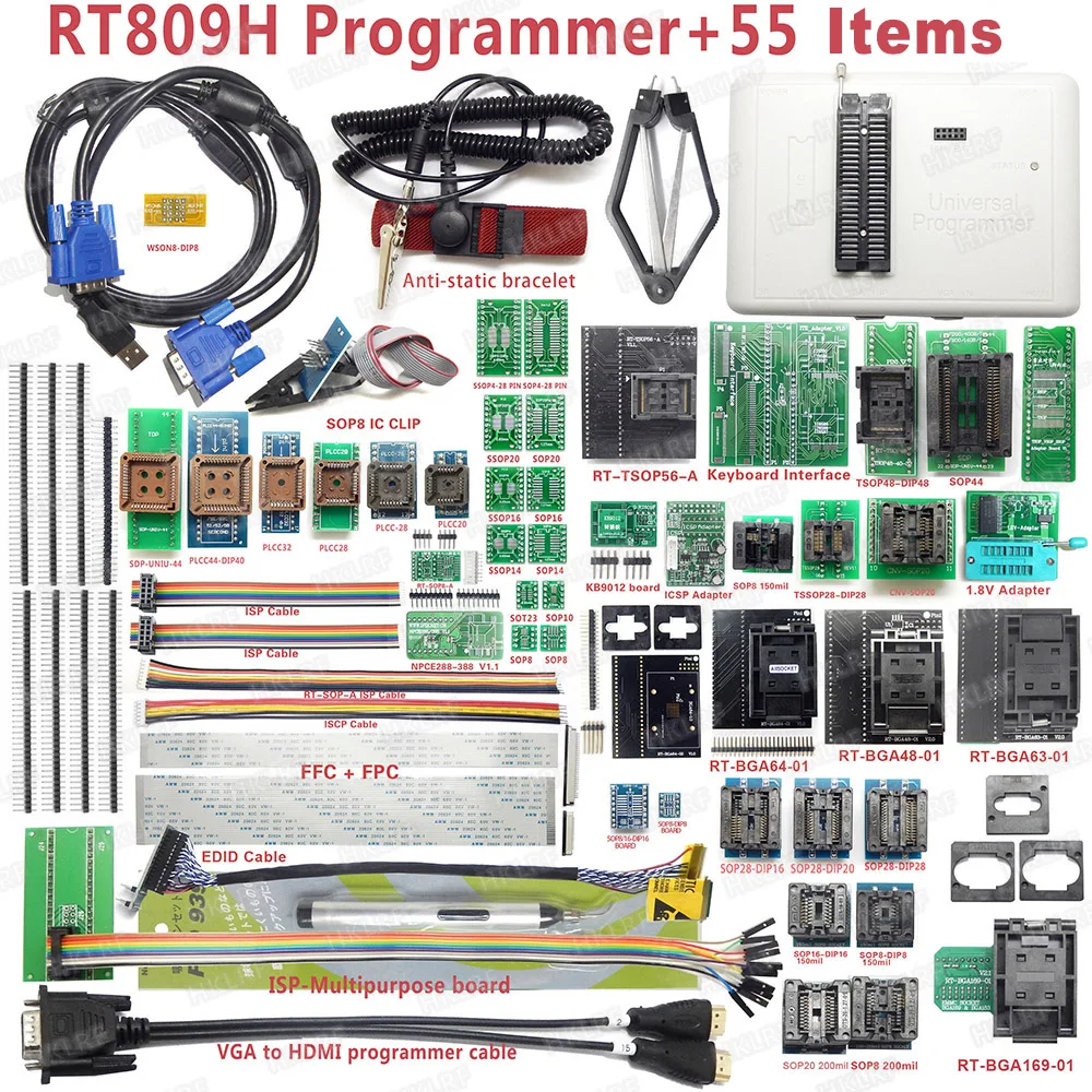 

100% Original New RT809H EMMC-Nand FLASH Universal Programmer TSOP56 TSOP48 EDID Cable ISP Header01 VGA HDMI BGA63 BGA64 BGA169