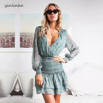 yinlinhe Elasticity Waist Green Floral Chiffon Dress Women V neck Summer Autumn Dress Long Sleeve Slim Sexy Ruffles Vestido 565
yinlinhe Elasticity Waist Green Floral Chiffon Dress Women V neck Summer Autumn Dress Long Sleeve Slim Sexy Ruffles Vestido 565