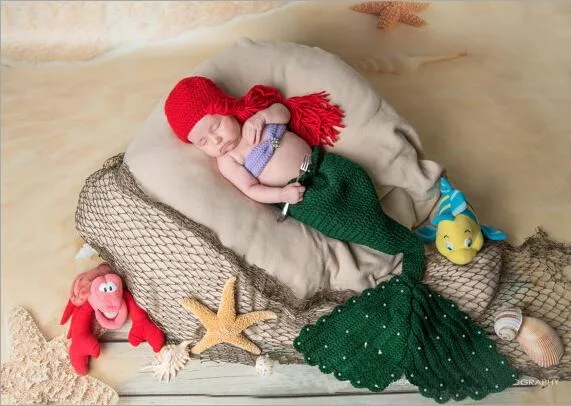 fashion newborn crochet baby mermaid hat+bra+tail 3pcs set photo shooting photography props handmade outfits 0-1M or 3-4M | Детская