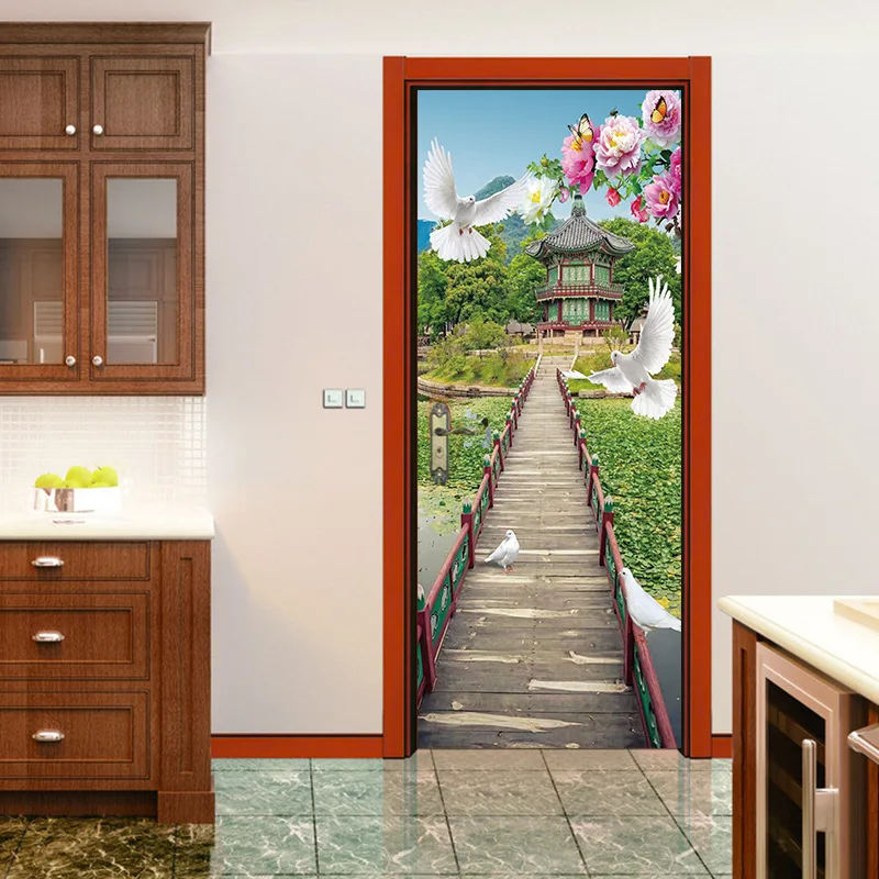 Фото nm14 Taiping pigeon single wooden bridge door stickers corridor screen modern entrance simulation 2pcs/set | Дом и сад