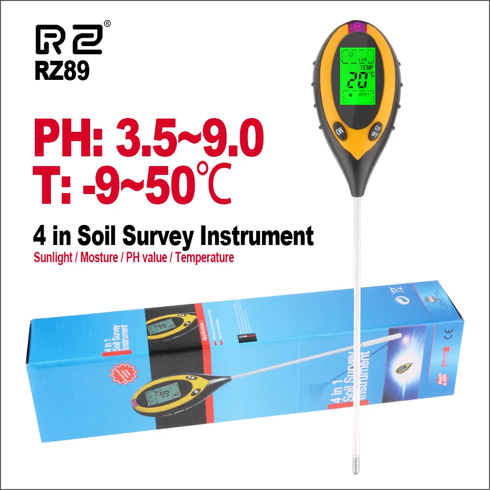 

RZ 4 in1 Digital PH Meter Soil Moisture Monitor Thermometer Gardening Plant Farming Temperature Sunlight Tester With Backlight