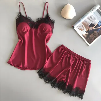 Spaghetti Strap Lace Sexy Women Pajamas V-Neck With Pad Female Summer Pajama Set Summer Fashion Female Sleepwear
Spaghetti Strap Lace Sexy Women Pajamas V-Neck With Pad Female Summer Pajama Set Summer Fashion Female Sleepwear