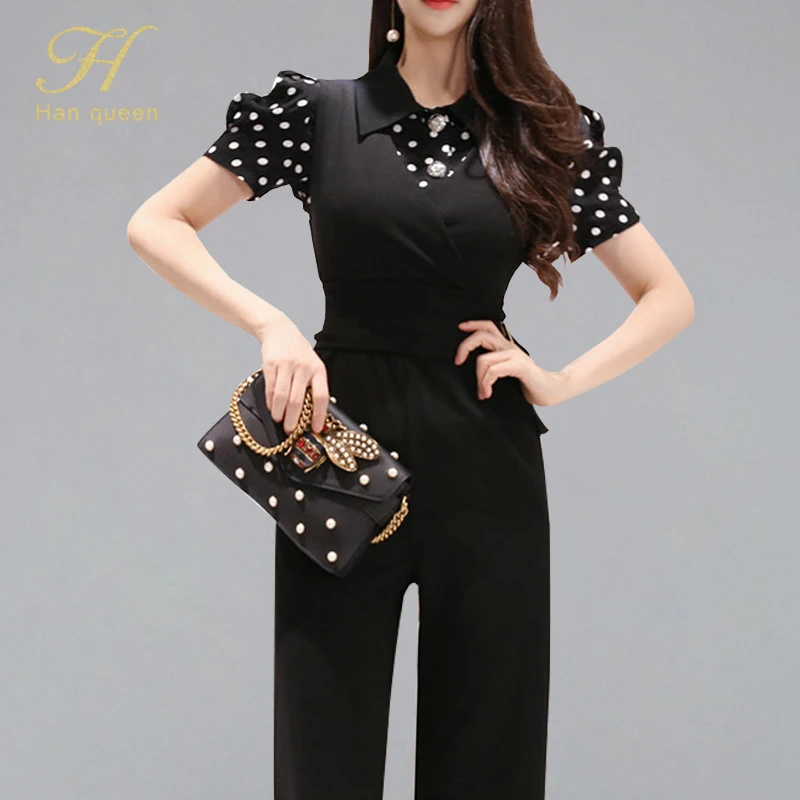 H Han Queen Women Elegant 2 Pieces Suits Women Spring Vintage Polka Dot Blouses And Waist Long Jumpsuits OL Work Wear Casual Set
H Han Queen Women Elegant 2 Pieces Suits Women Spring Vintage Polka Dot Blouses And Waist Long Jumpsuits OL Work Wear Casual Set