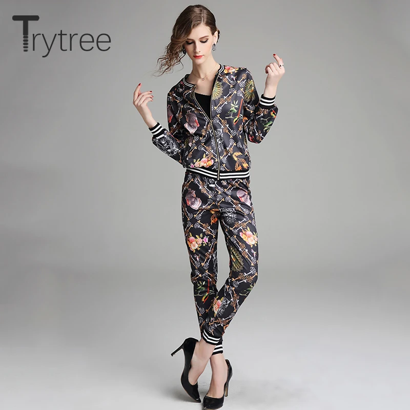 Trytree Autumn Women Print Silky Thin two piece set Casual Pocket Zipper tops + pants Elastic Waist Female Suit Set 2 Piece Set
Trytree Autumn Women Print Silky Thin two piece set Casual Pocket Zipper tops + pants Elastic Waist Female Suit Set 2 Piece Set