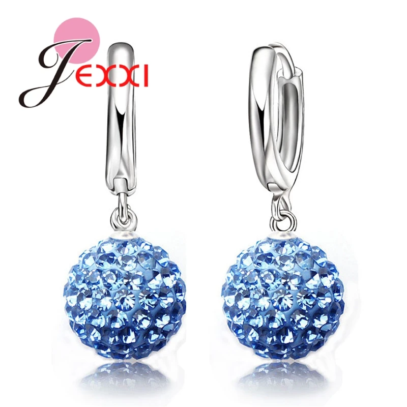 Hot Sale Multi Colors 1 Pair Real Pure 925 Sterling Silver Austrian Pave Disco Ball Hoop Lever back Earring Woman Jewelry | Украшения и