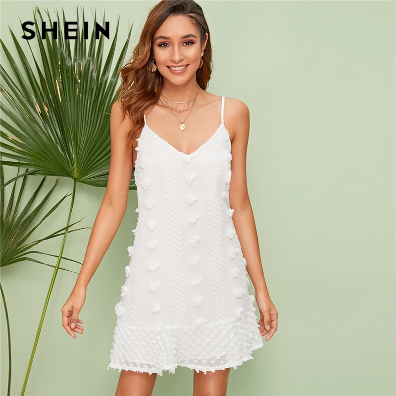 

SHEIN White Swiss Dot Ruffle Hem Solid Slip Summer Cami Dress Women V Neck Spaghetti Strap Appliques Boho Cute Short Dresses