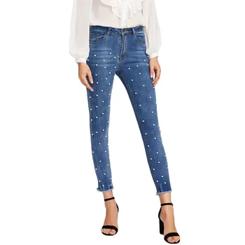 

2018 New Pearl Beaded Frayed Hem Jeans Women Casual Skinny Woman Jeans Denim Autumn High Waist Bleached Women Zipper Pants