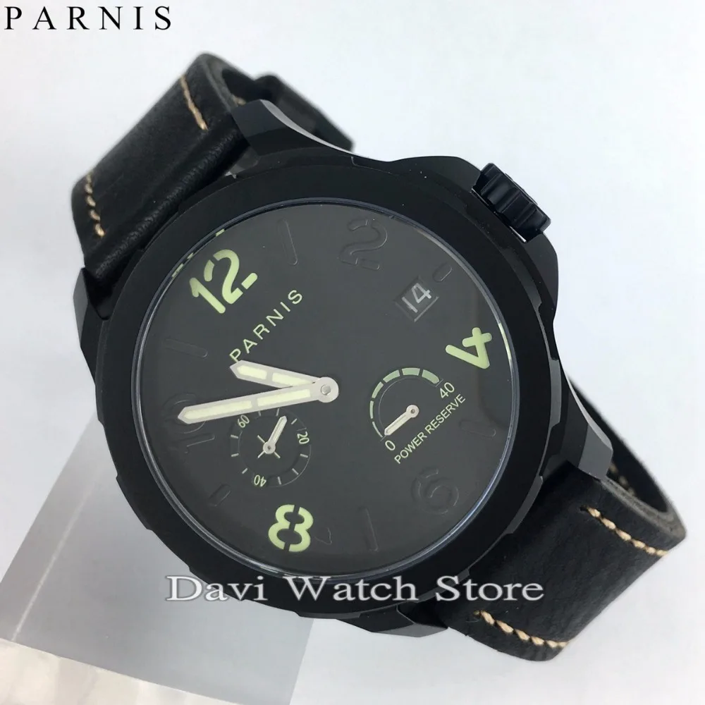 44mm Parnis Black Case Dial Leather Bands Seagull Automatic Movement Mens Watches