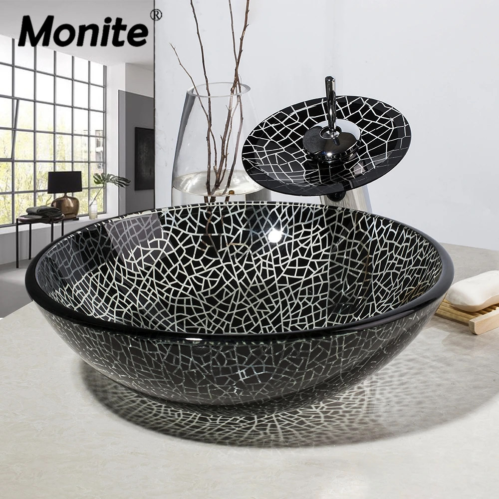 

Monite Black Cracked Round Bathroom Art Design Washbasin Tempered Glass Vessel Sink With Waterfall Chrome Brass Faucet Set