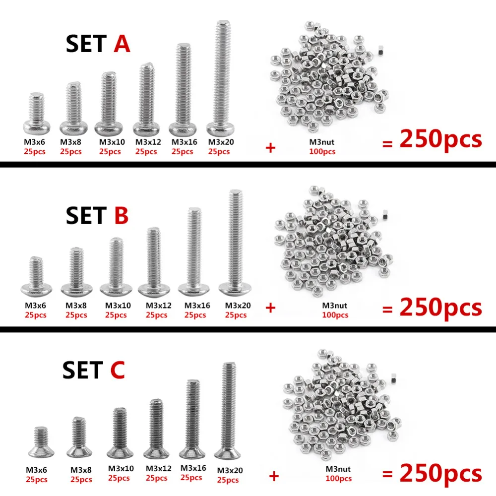250Pcs/Set M3 304 Stainless Steel Screw & Bolt Hex Nuts Washers Assortment Kit Hex Socket Screws Fastener Wholesale Best Price
250Pcs/Set M3 304 Stainless Steel Screw & Bolt Hex Nuts Washers Assortment Kit Hex Socket Screws Fastener Wholesale Best Price
