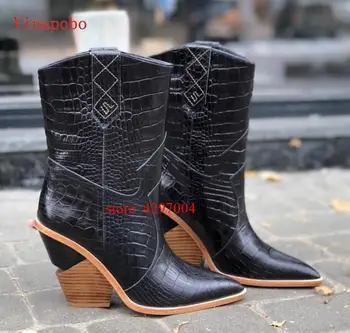 Blue Black PU Leather Cowboy Ankle Boots for Women Wedge Chunky High Heel Mid-calf Boots Snake Print Western Cowgirl Boots 2019
Blue Black PU Leather Cowboy Ankle Boots for Women Wedge Chunky High Heel Mid-calf Boots Snake Print Western Cowgirl Boots 2019
