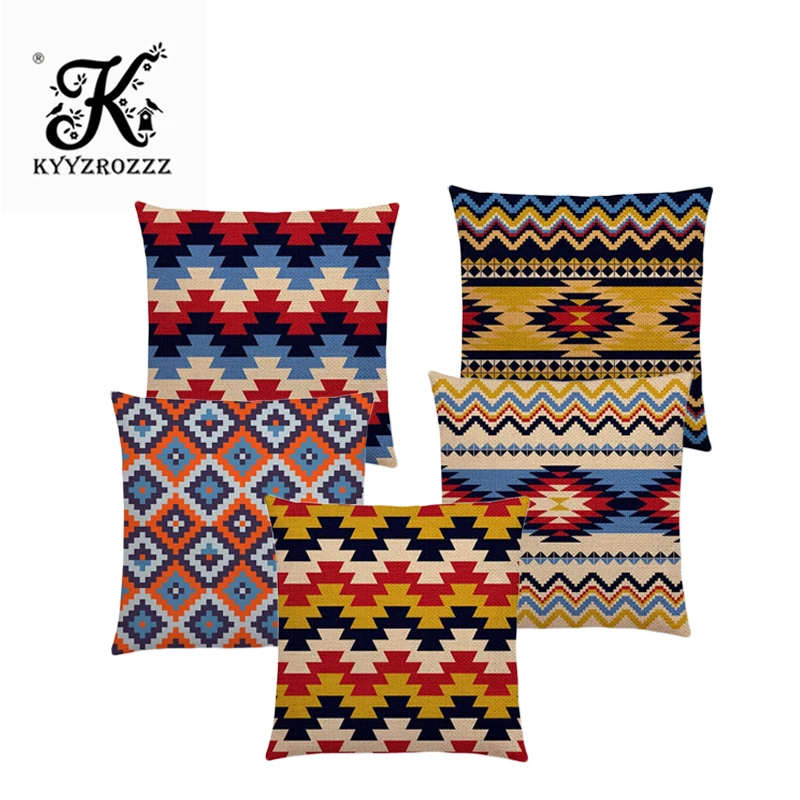 

Hot Sale Colorful Aztec Geometric Pattern Tribal Prints Abstract Rainbow Ethnic Plaid Decorative Cushion Cover Sofa Pillow Case