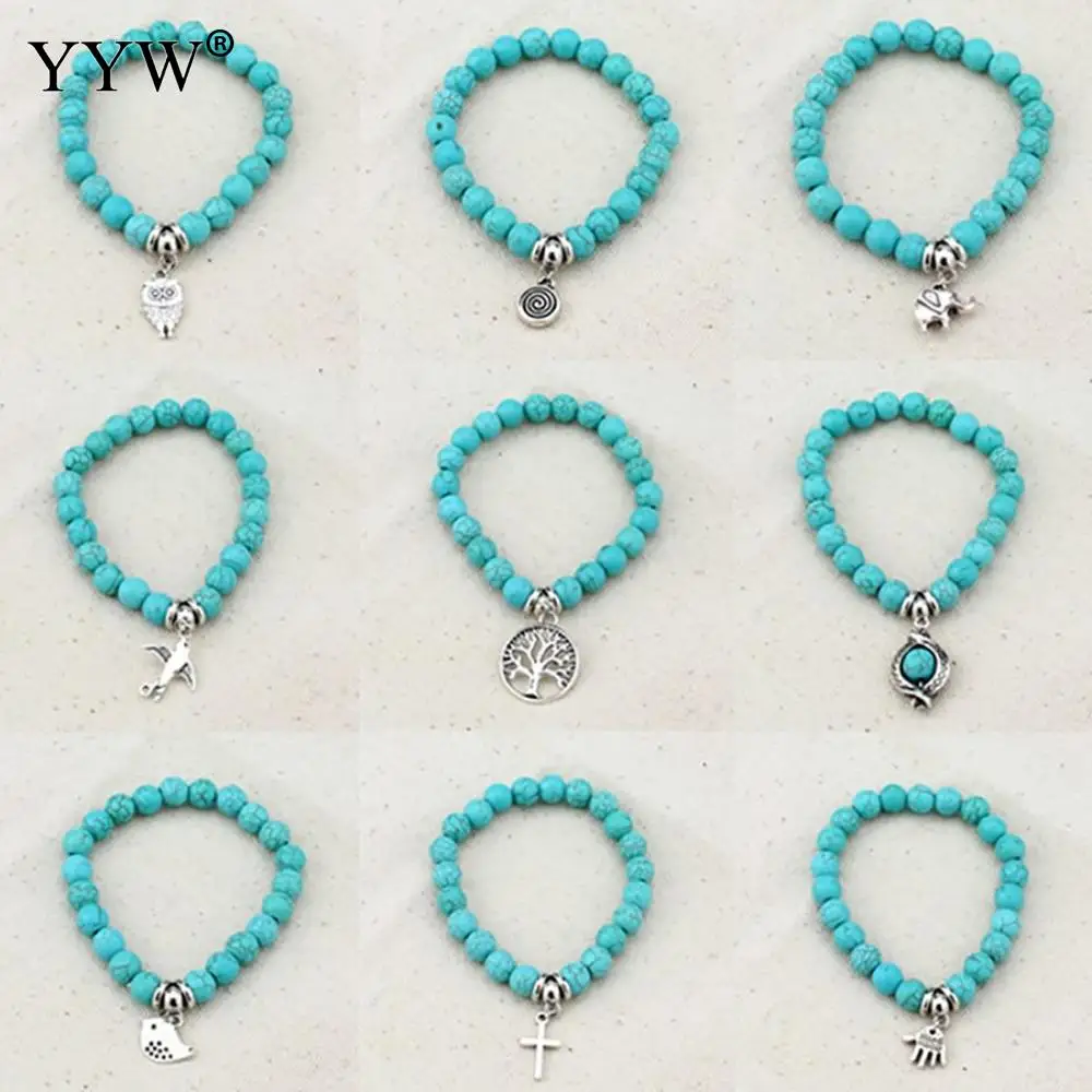 Boho Vintage Turquoises Bracelets for Women Men Cross Tree Fish Hand Pendant Charm & Bangles Fashion Jewelry | Украшения и