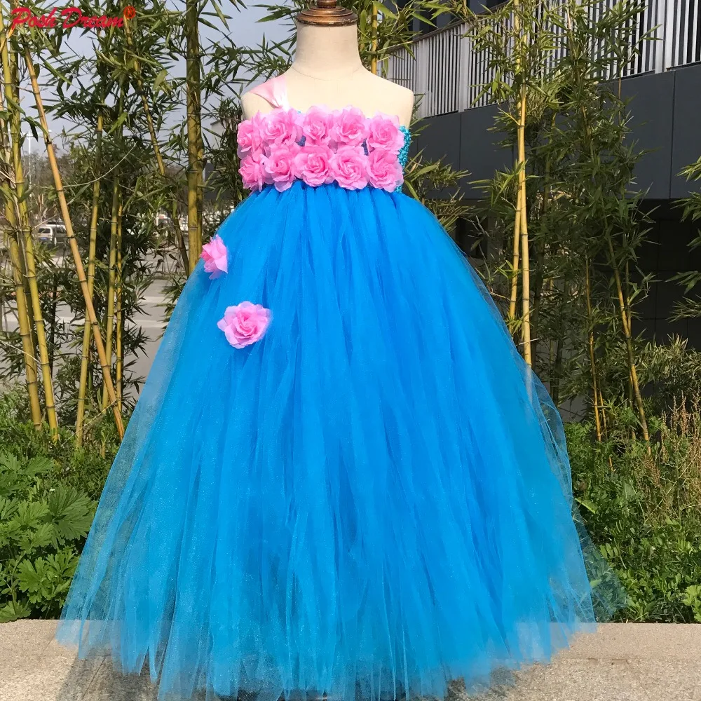 

POSH DREAM Turquoise Blue Tulle Girls Flower Wedding Tutu Dresses for Party Elegant Princess Pink Shine Flower Children Clothes