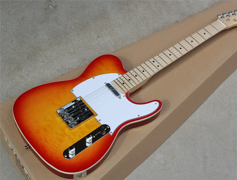 

Wholesale Cherry Sunburst Electric Guitar with White Pickguard,Flame Maple Veneer,Binding Body,Chrome Hardwares,offer customized